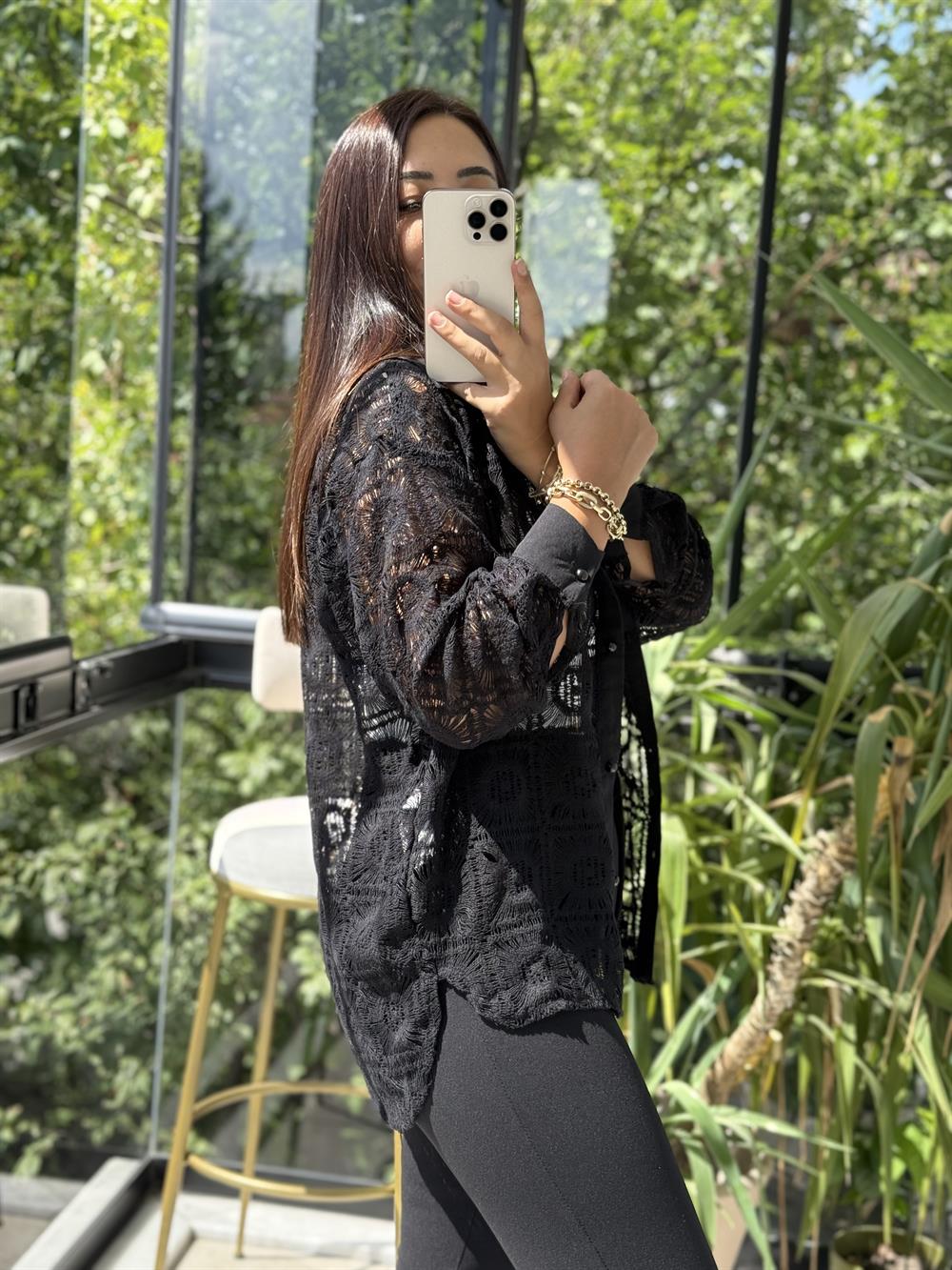 Kare Dantelli Gömlek Siyah