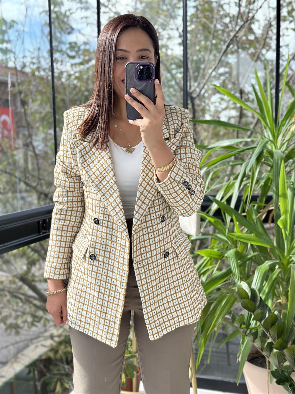 Kare Detaylı Gümüş Düğme Blazer Karamel