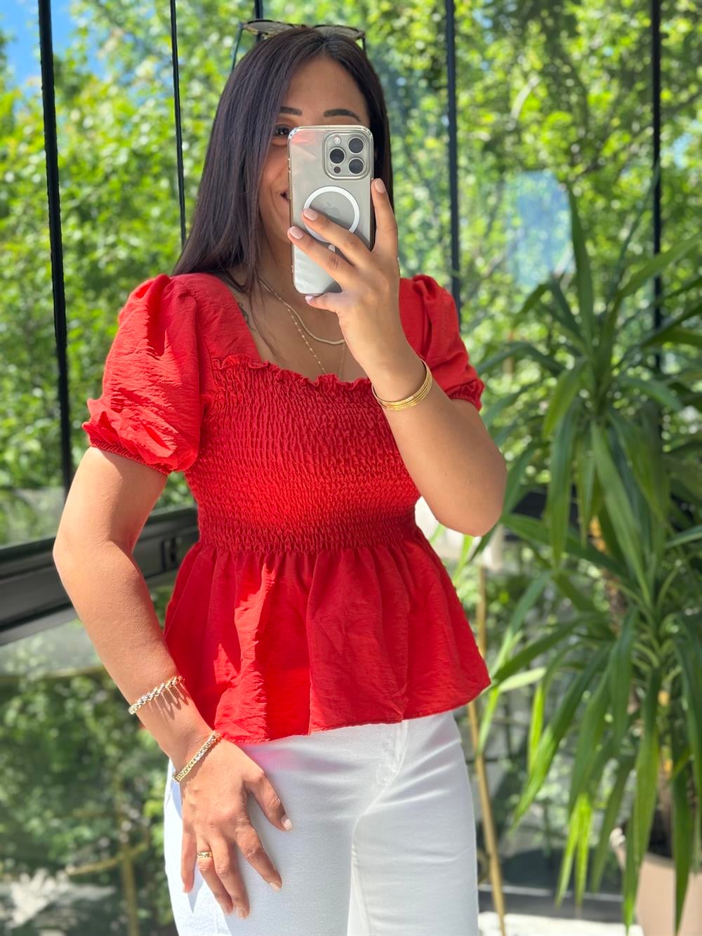 Göğüsü Lastikli Bluz Nar Çiçeği 