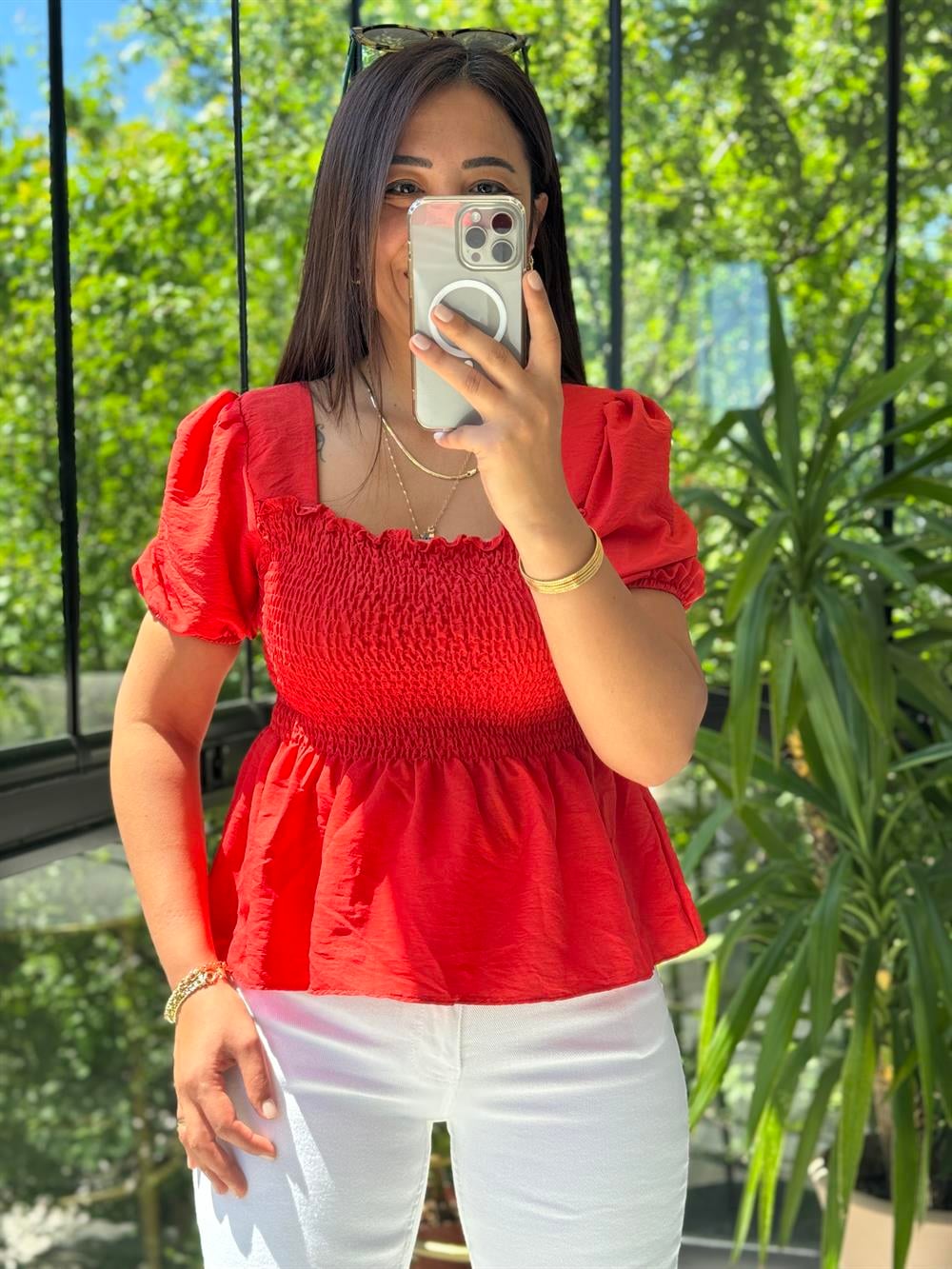 Göğüsü Lastikli Bluz Nar Çiçeği 