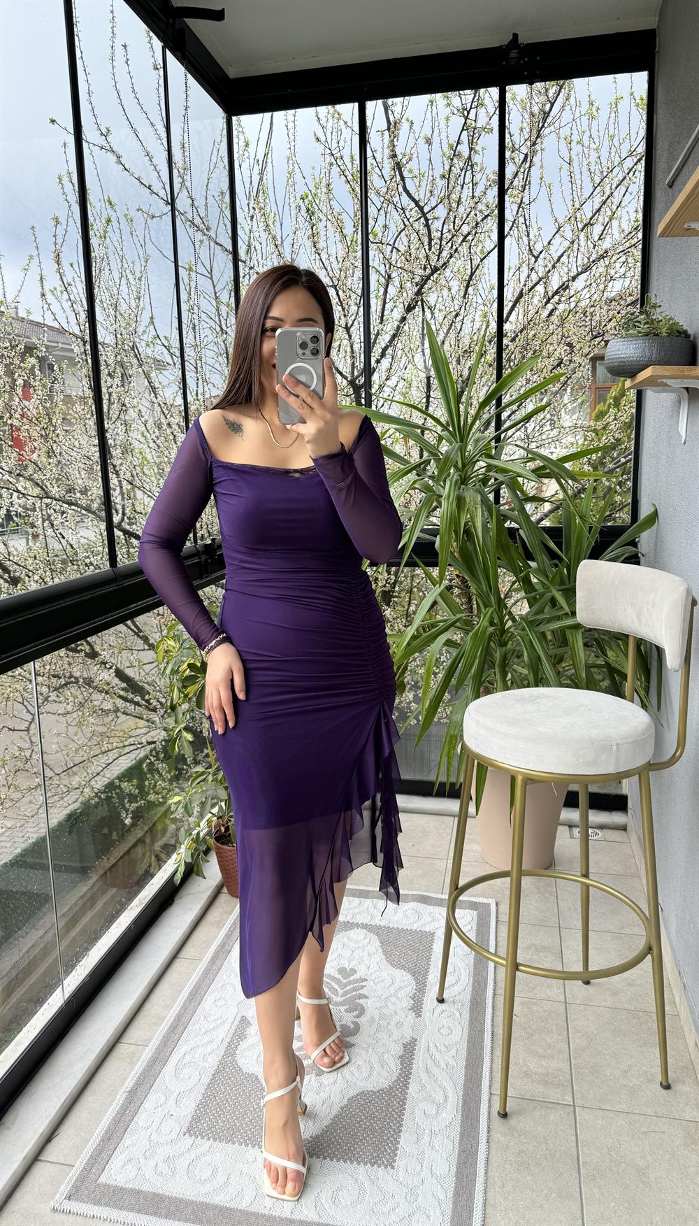 Kare Yaka Tül Elbise Mor