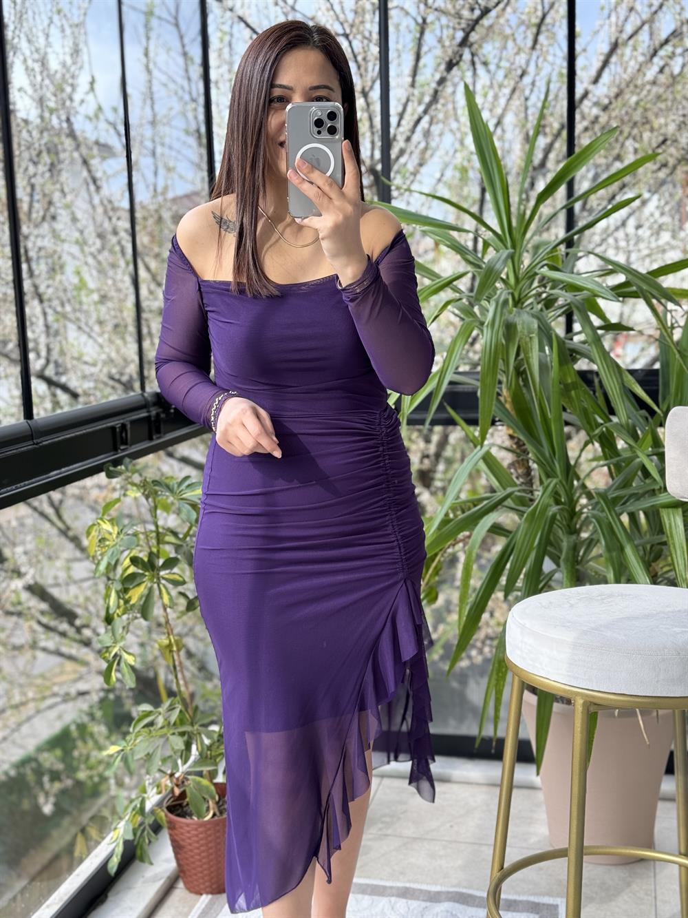 Kare Yaka Tül Elbise Mor