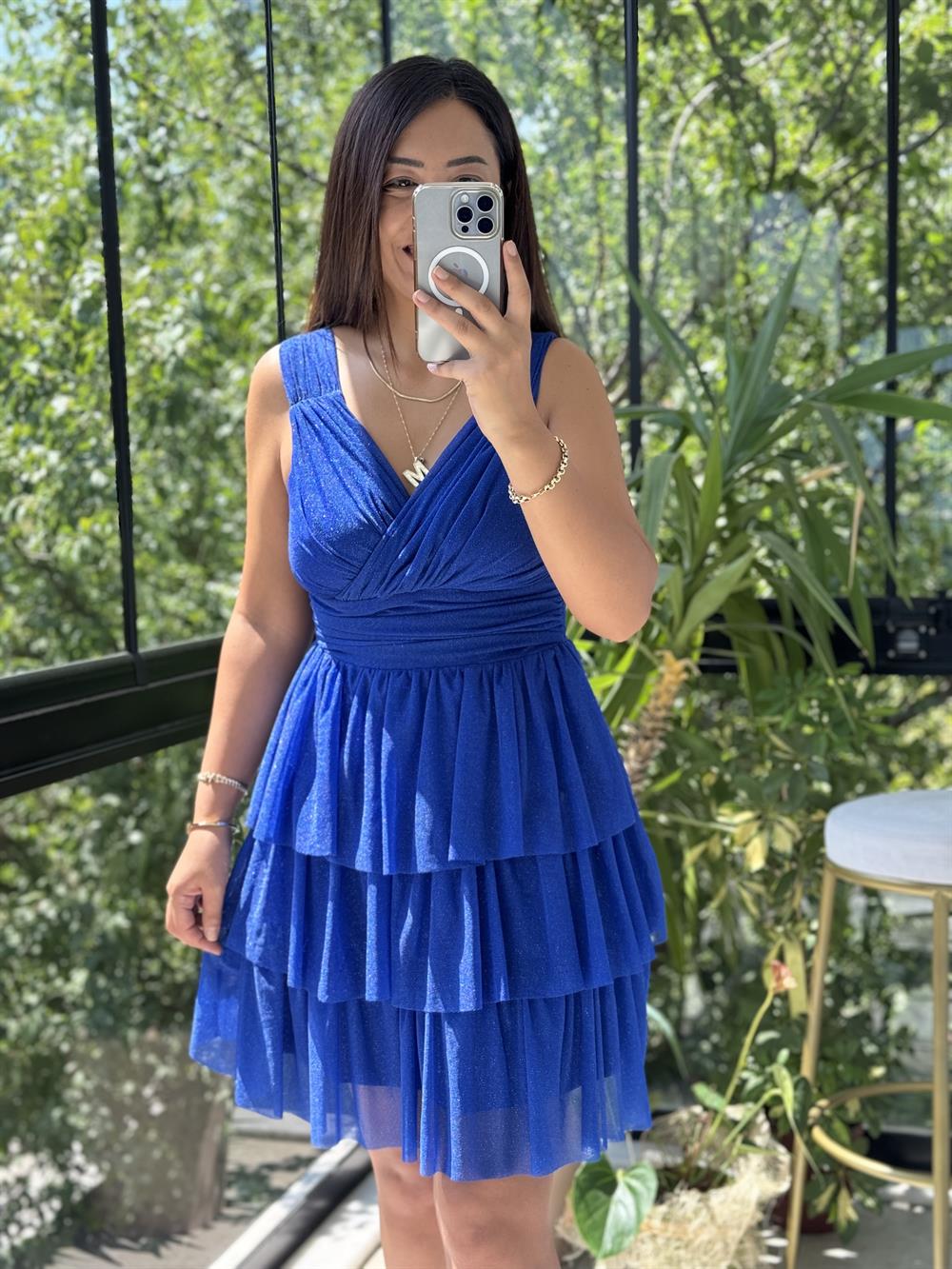 Katlı Etek Simli Tül Abiye Saks Mavi