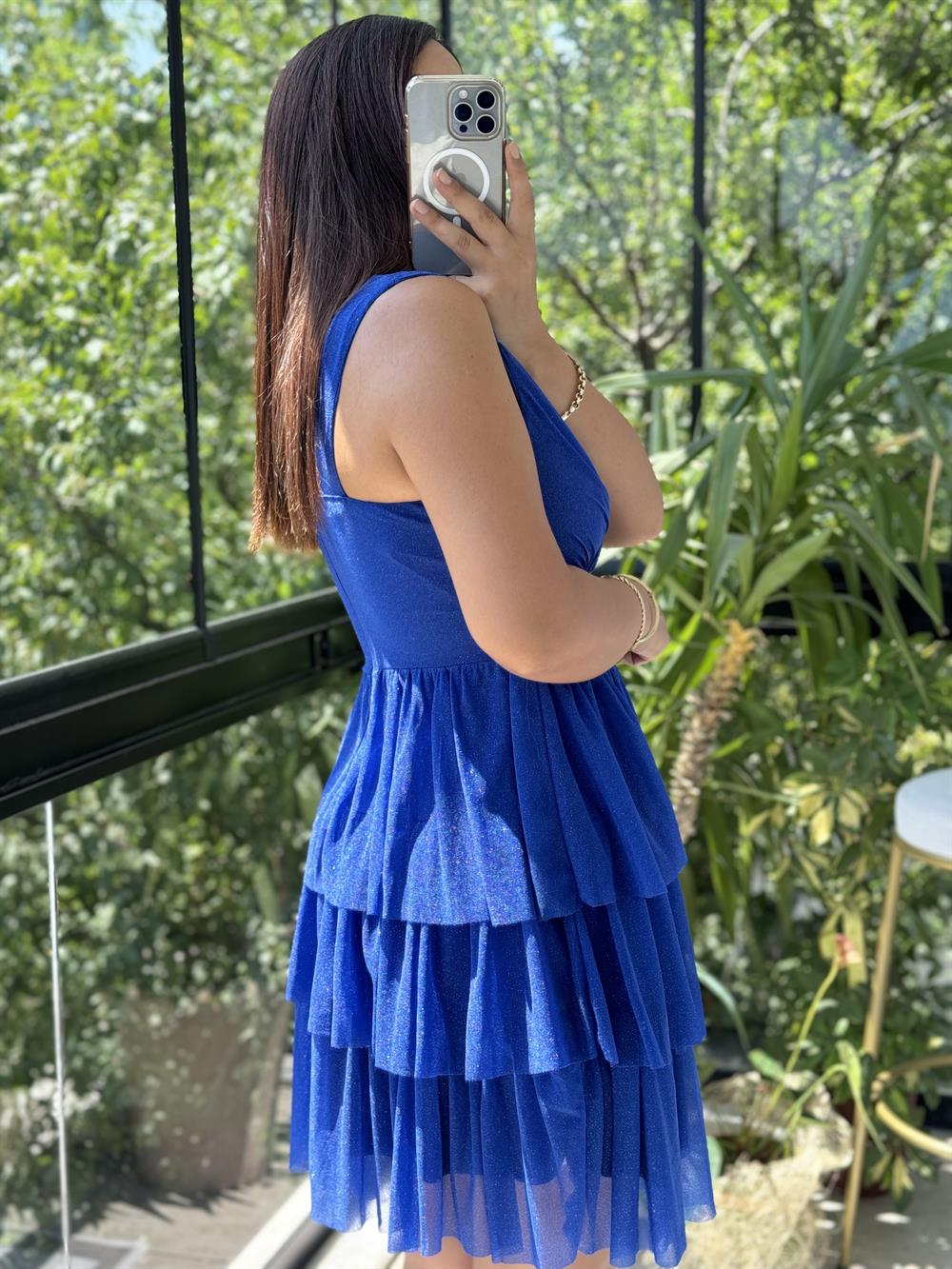 Katlı Etek Simli Tül Abiye Saks Mavi