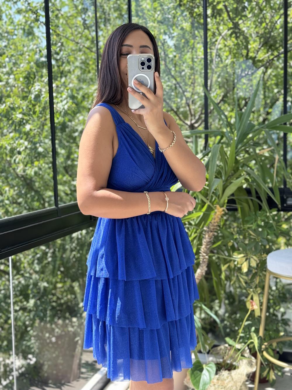 Katlı Etek Simli Tül Abiye Saks Mavi