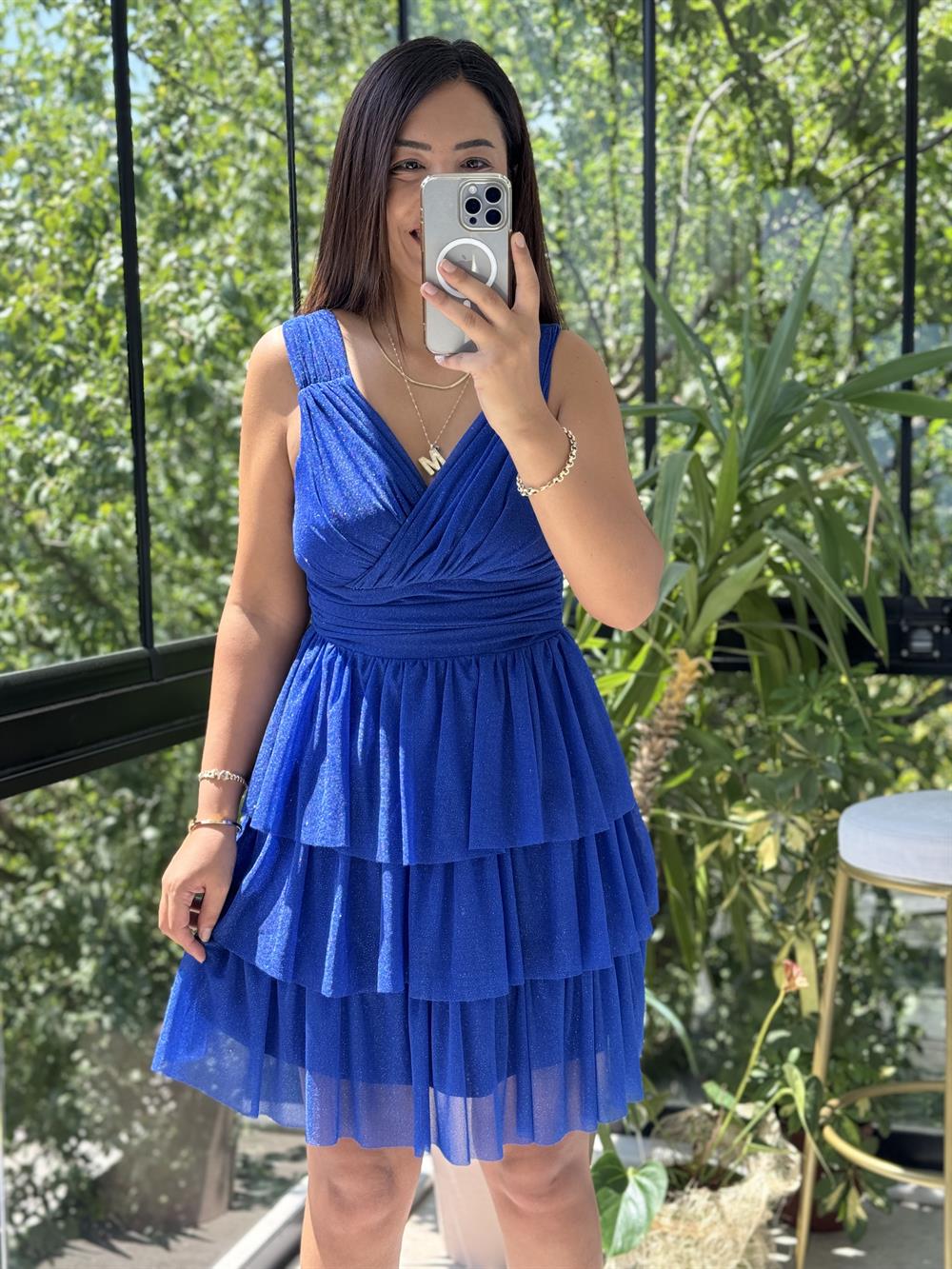 Katlı Etek Simli Tül Abiye Saks Mavi