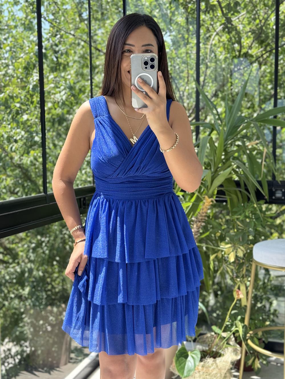 Katlı Etek Simli Tül Abiye Saks Mavi