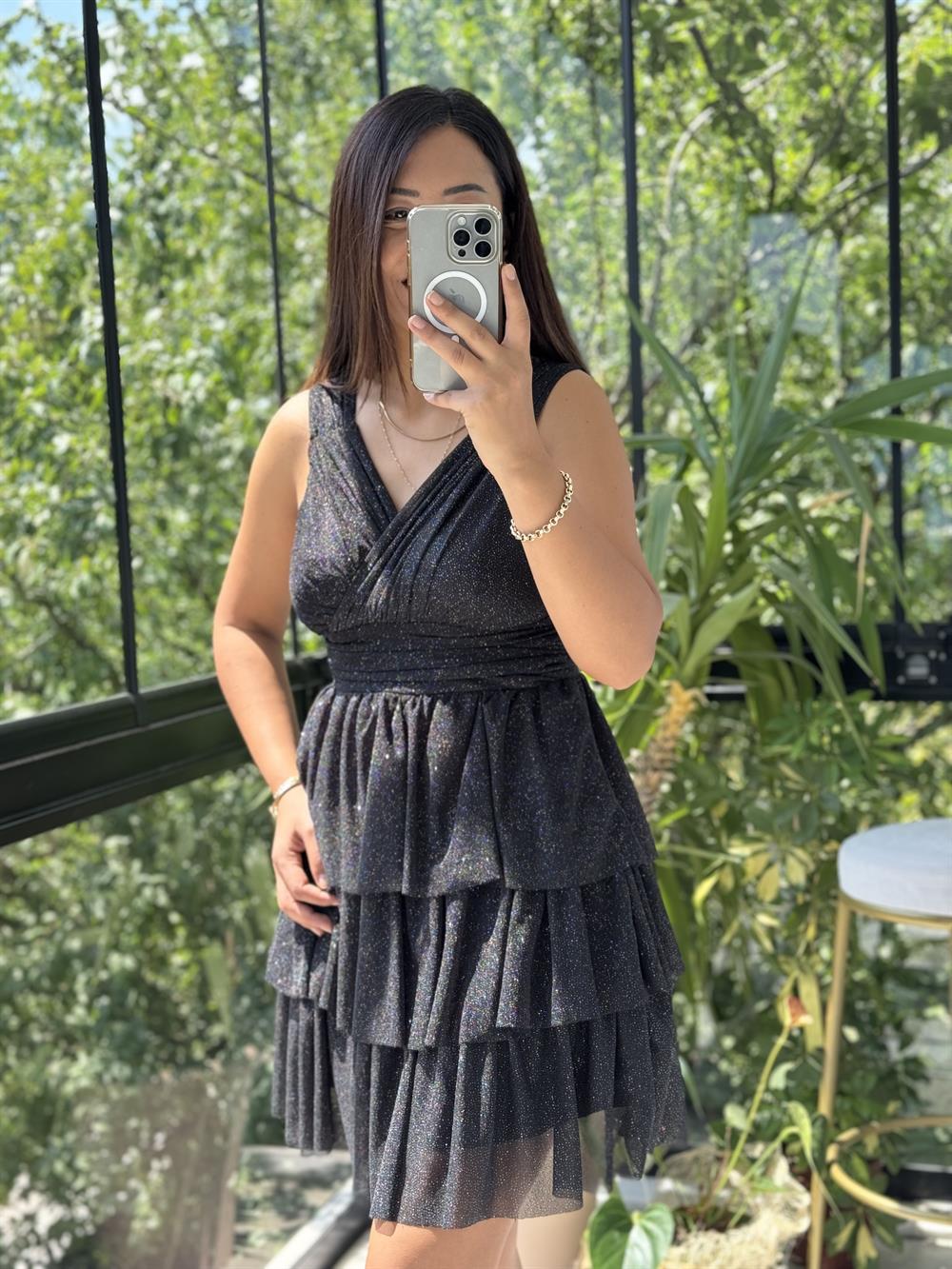 Katlı Etek Simli Tül Abiye Siyah