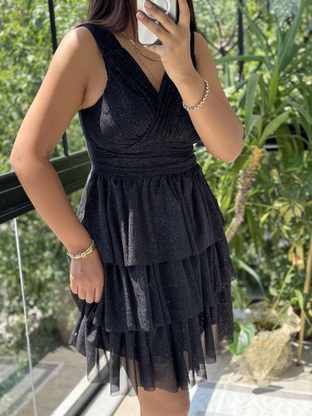 Katlı Etek Simli Tül Abiye Siyah