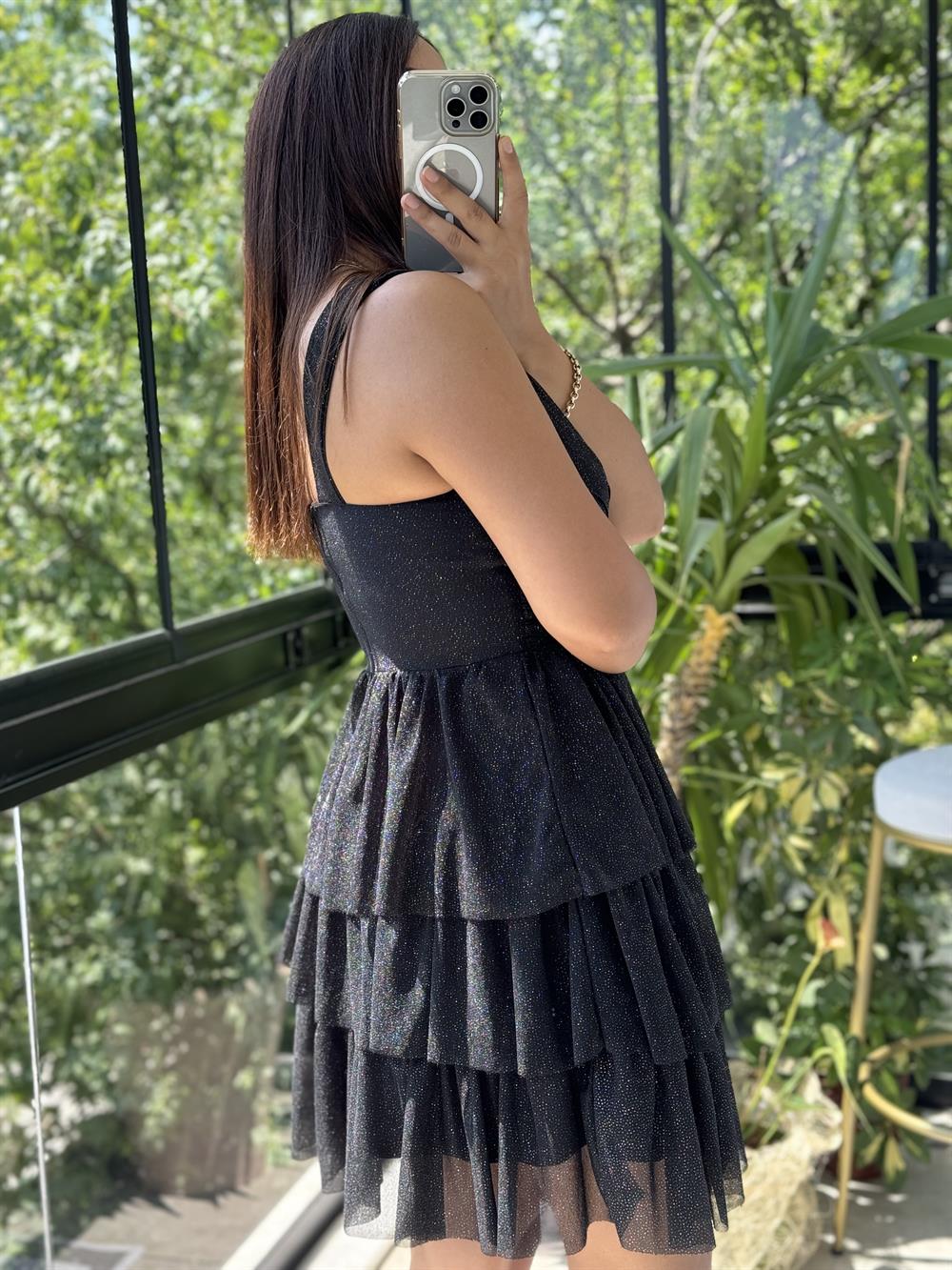 Katlı Etek Simli Tül Abiye Siyah