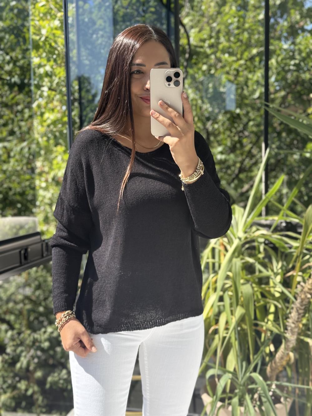 Kayık Yaka İnce Triko Siyah