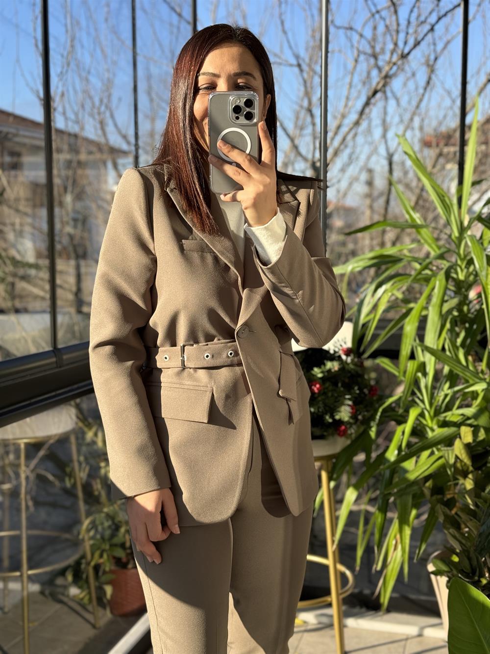 Kemerli Blazer Ceket Haki Yeşili