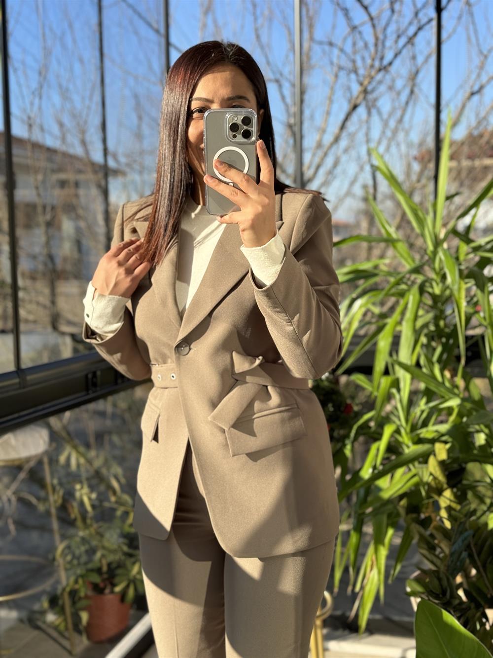 Kemerli Blazer Ceket Haki Yeşili