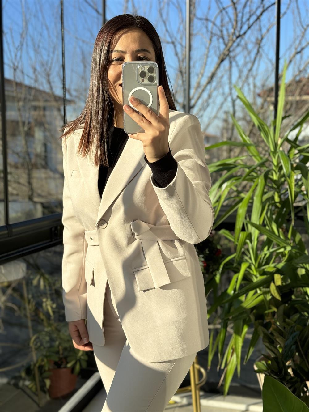 Kemerli Blazer Ceket Taş