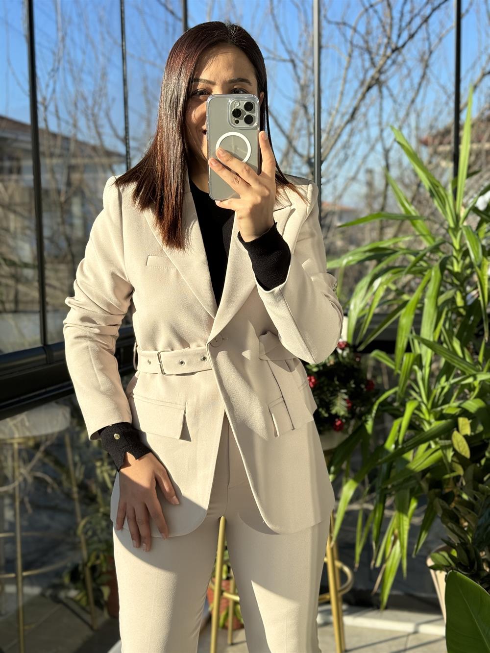 Kemerli Blazer Ceket Taş