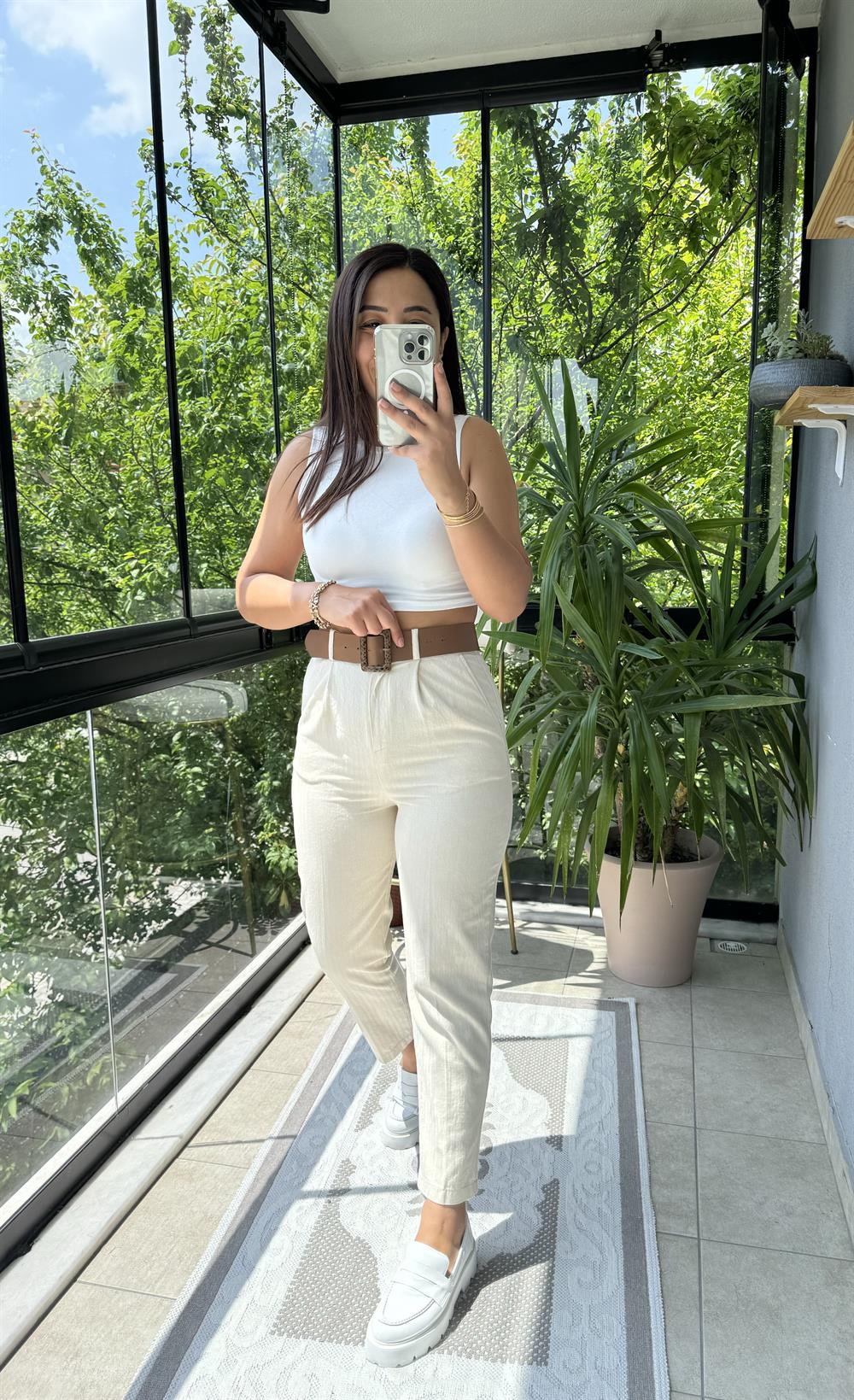 Kemerli Gabardin Kumaş Pantolon