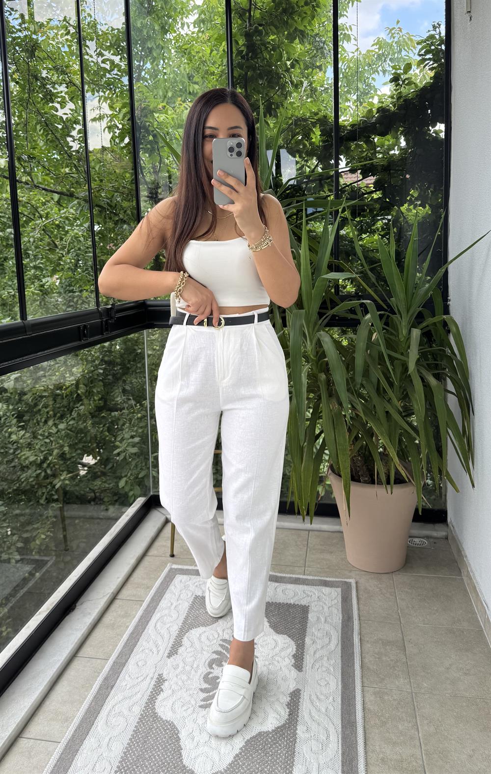 Kemerli Keten Pantolon Ekru