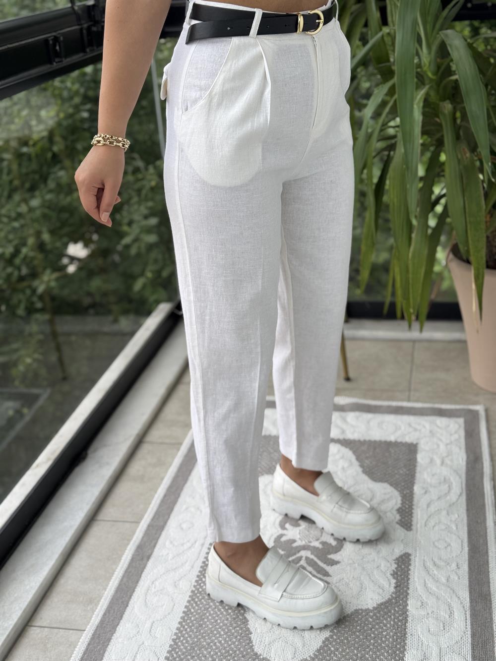 Kemerli Keten Pantolon Ekru