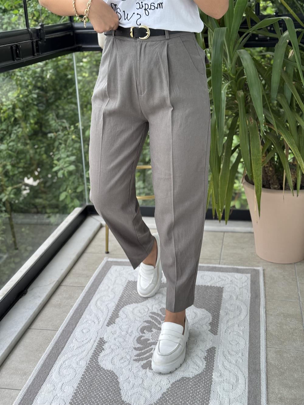 Kemerli Keten Pantolon Haki Yeşili