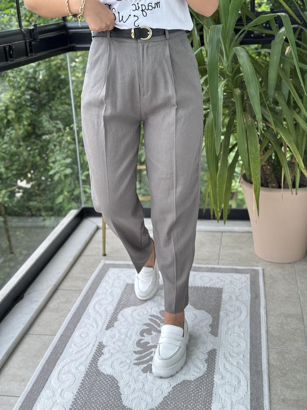 Kemerli Keten Pantolon Haki Yeşili