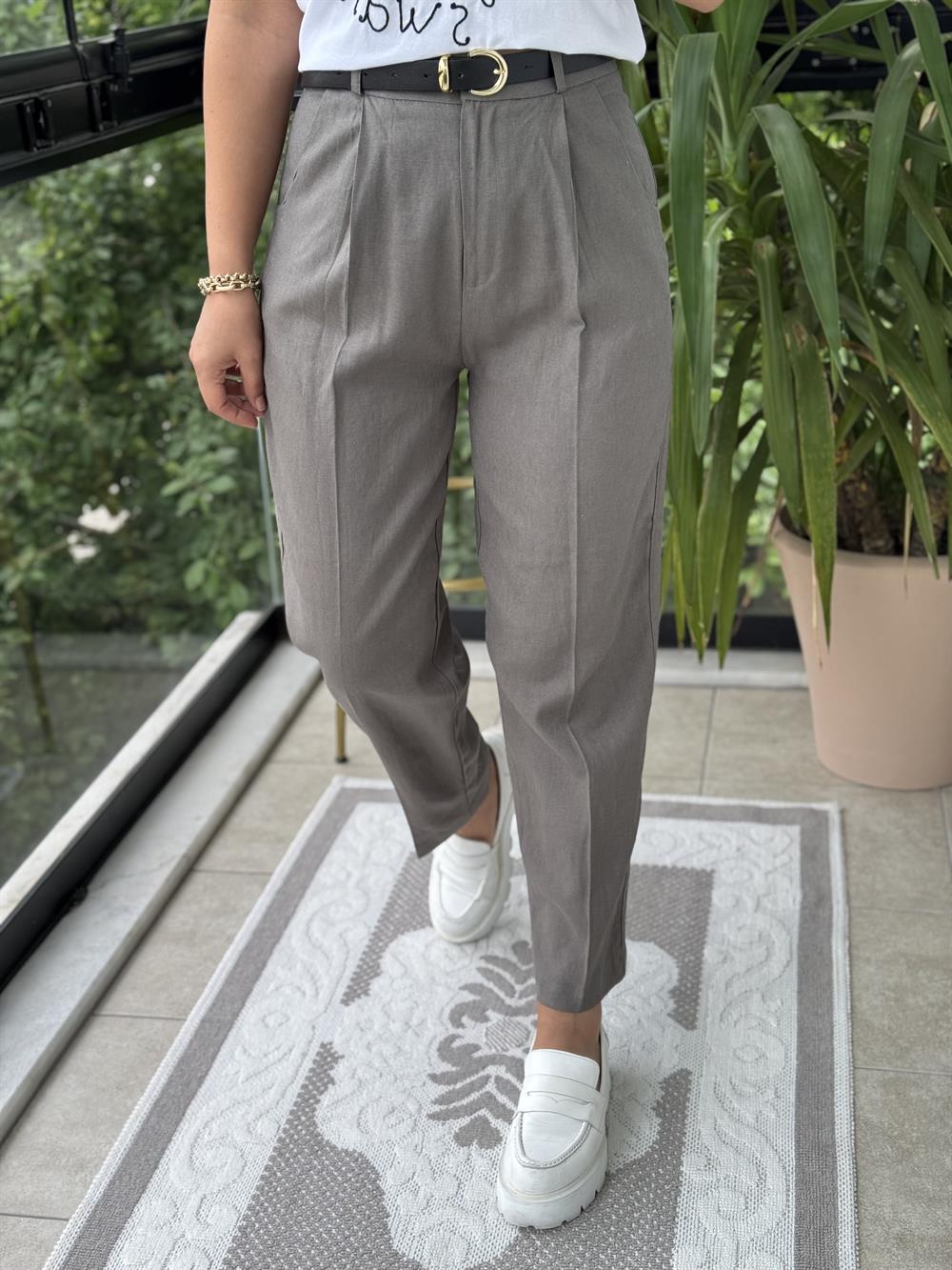 Kemerli Keten Pantolon Haki Yeşili