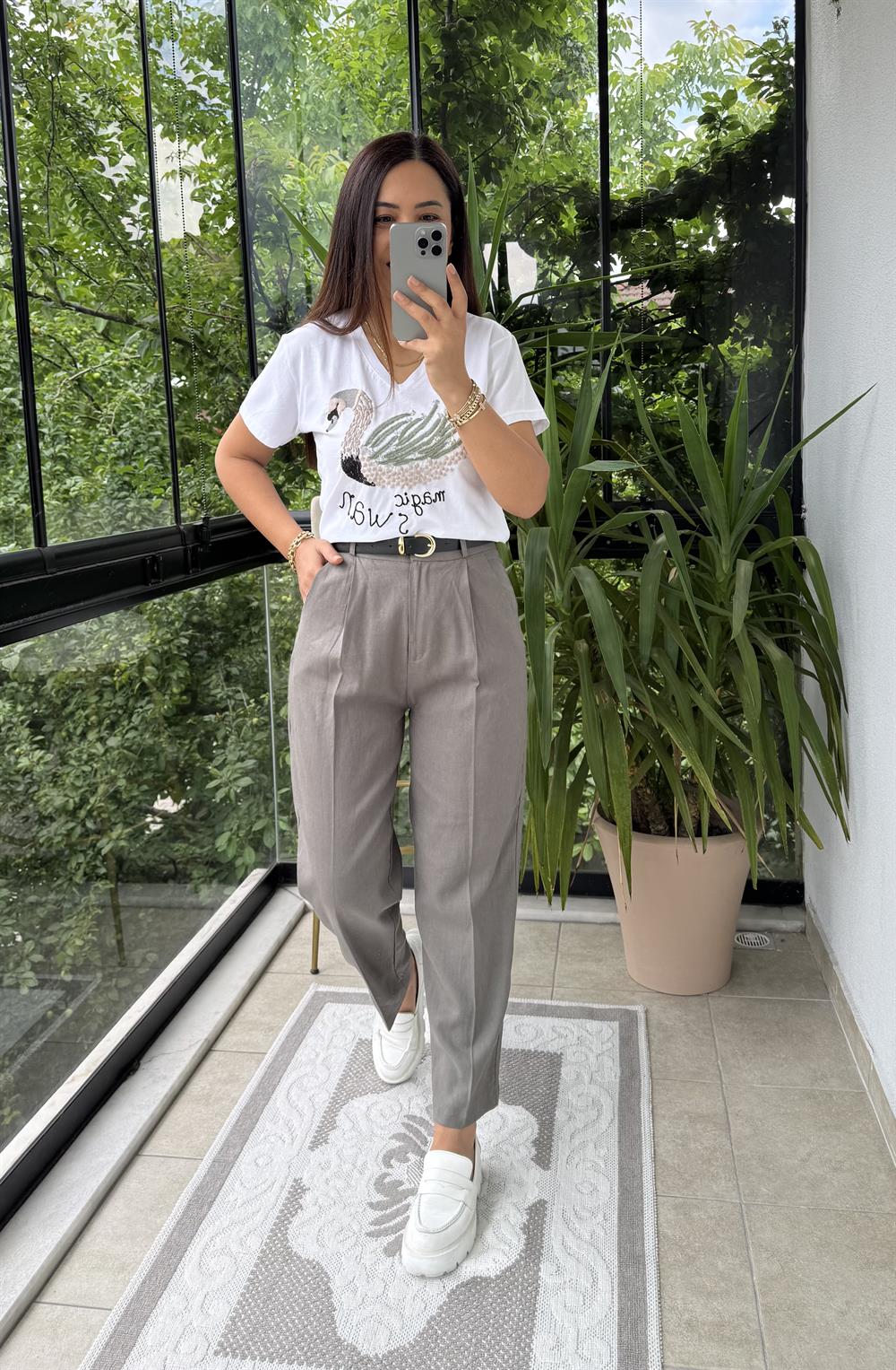 Kemerli Keten Pantolon Haki Yeşili