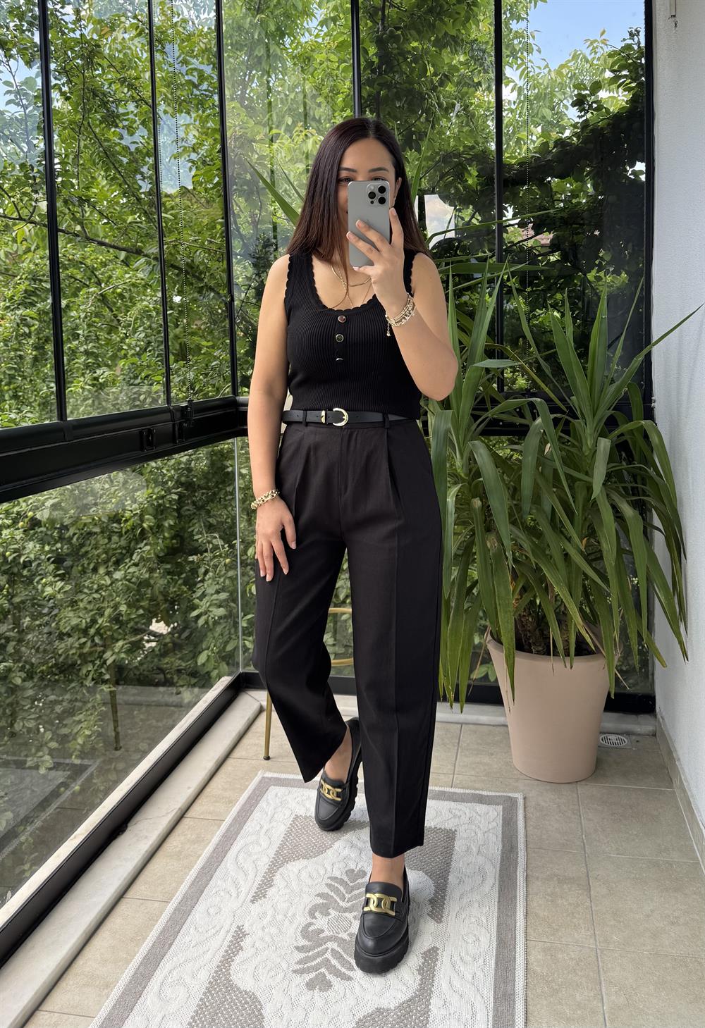 Kemerli Keten Pantolon Siyah