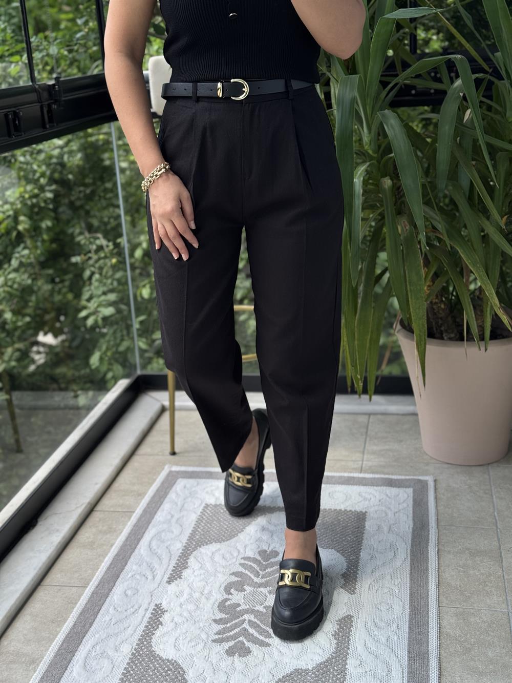 Kemerli Keten Pantolon Siyah