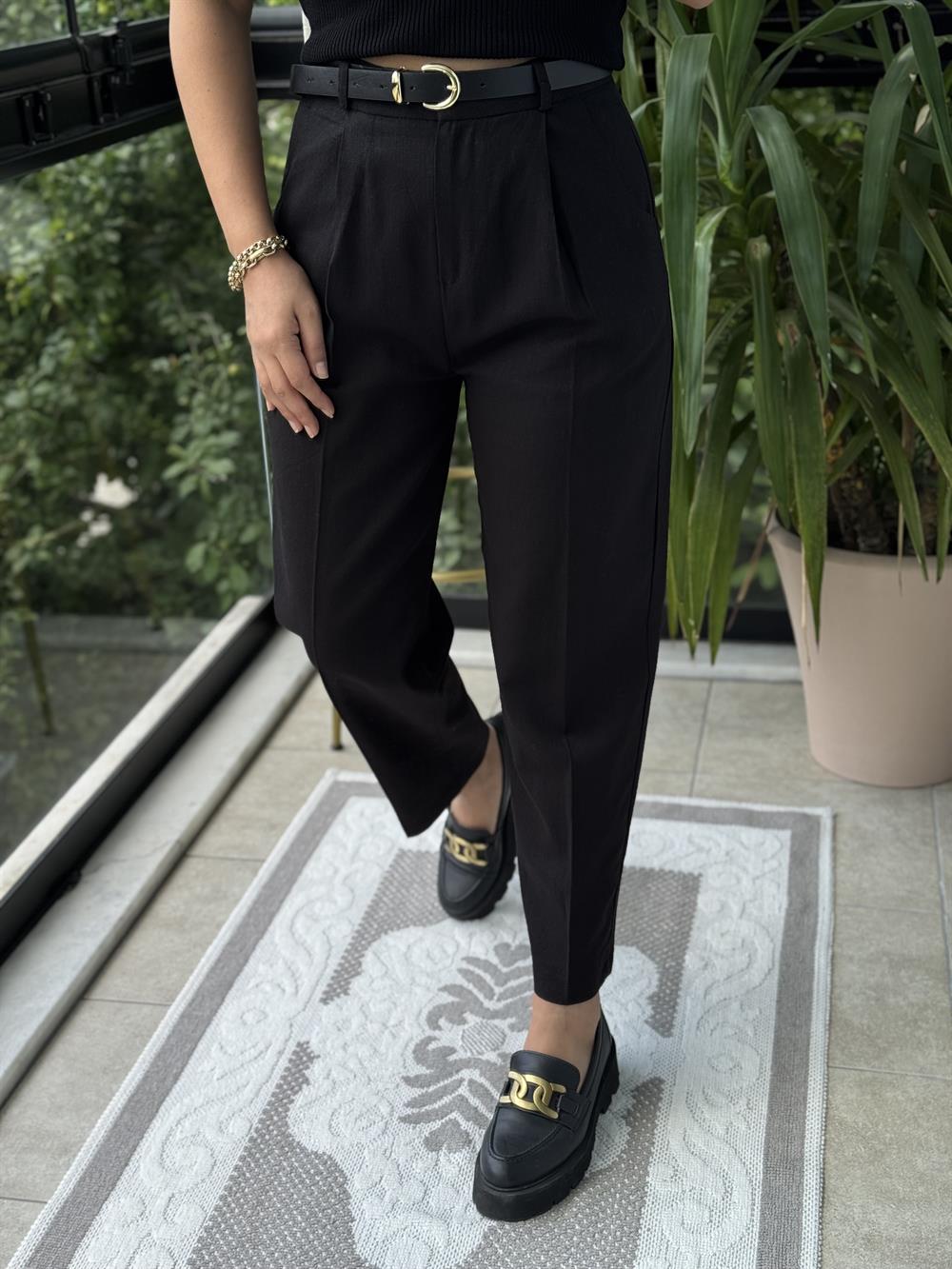 Kemerli Keten Pantolon Siyah