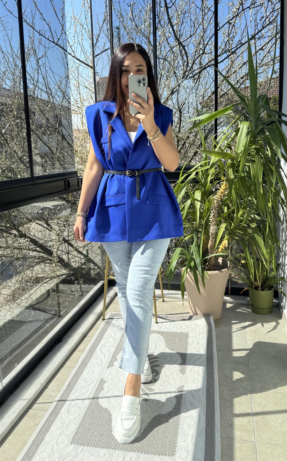 Kemerli Zra Model Yelek Sax Mavi