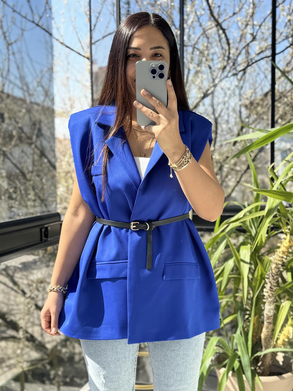 Kemerli Zra Model Yelek Sax Mavi