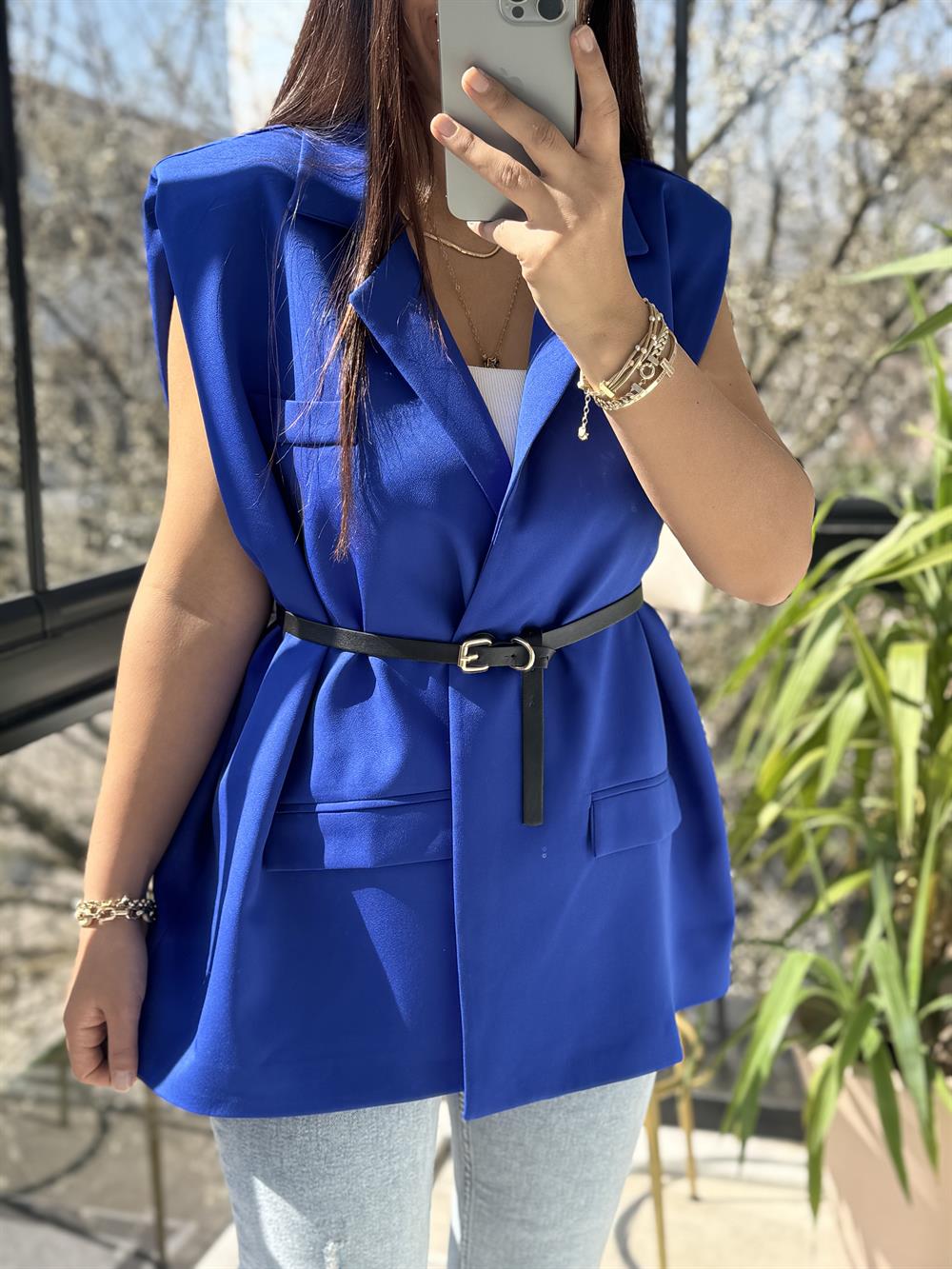 Kemerli Zra Model Yelek Sax Mavi