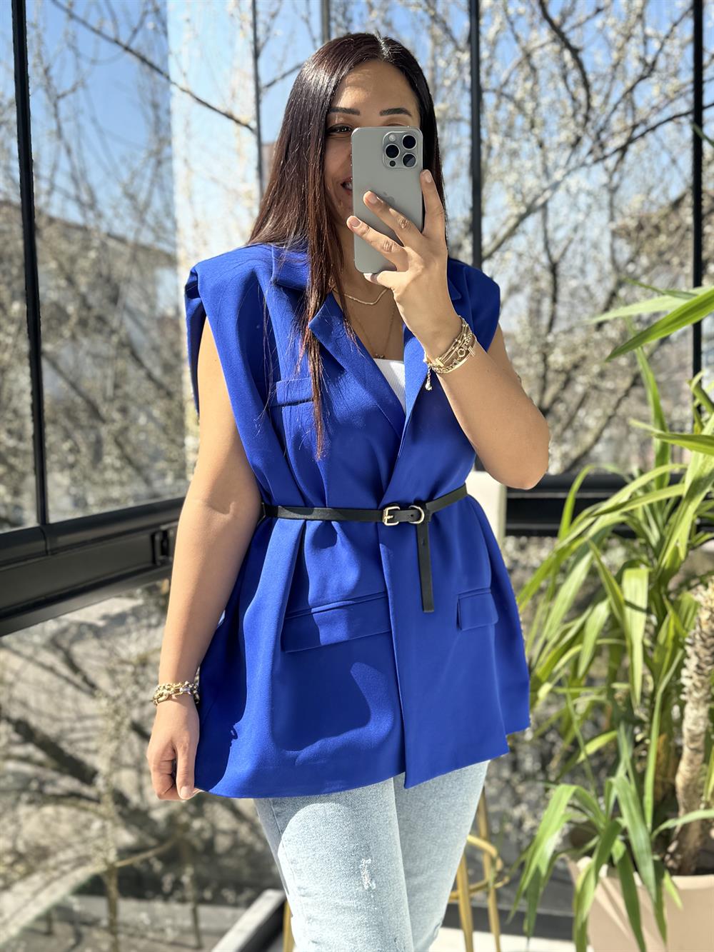 Kemerli Zra Model Yelek Sax Mavi