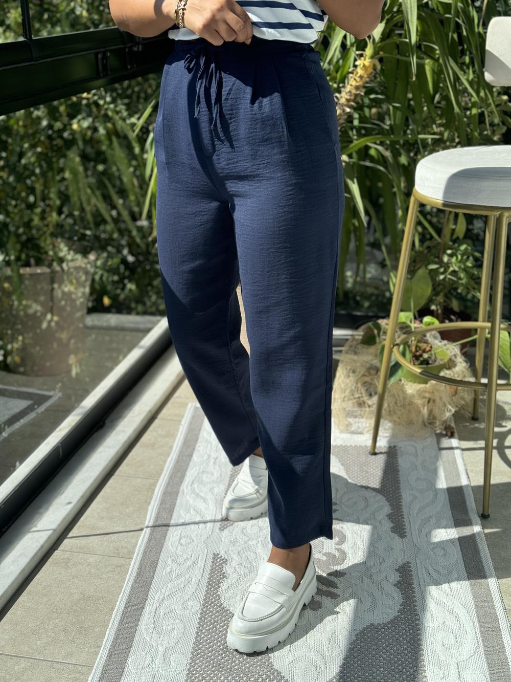 Keten Beli Bağcıklı Pantolon Lacivert