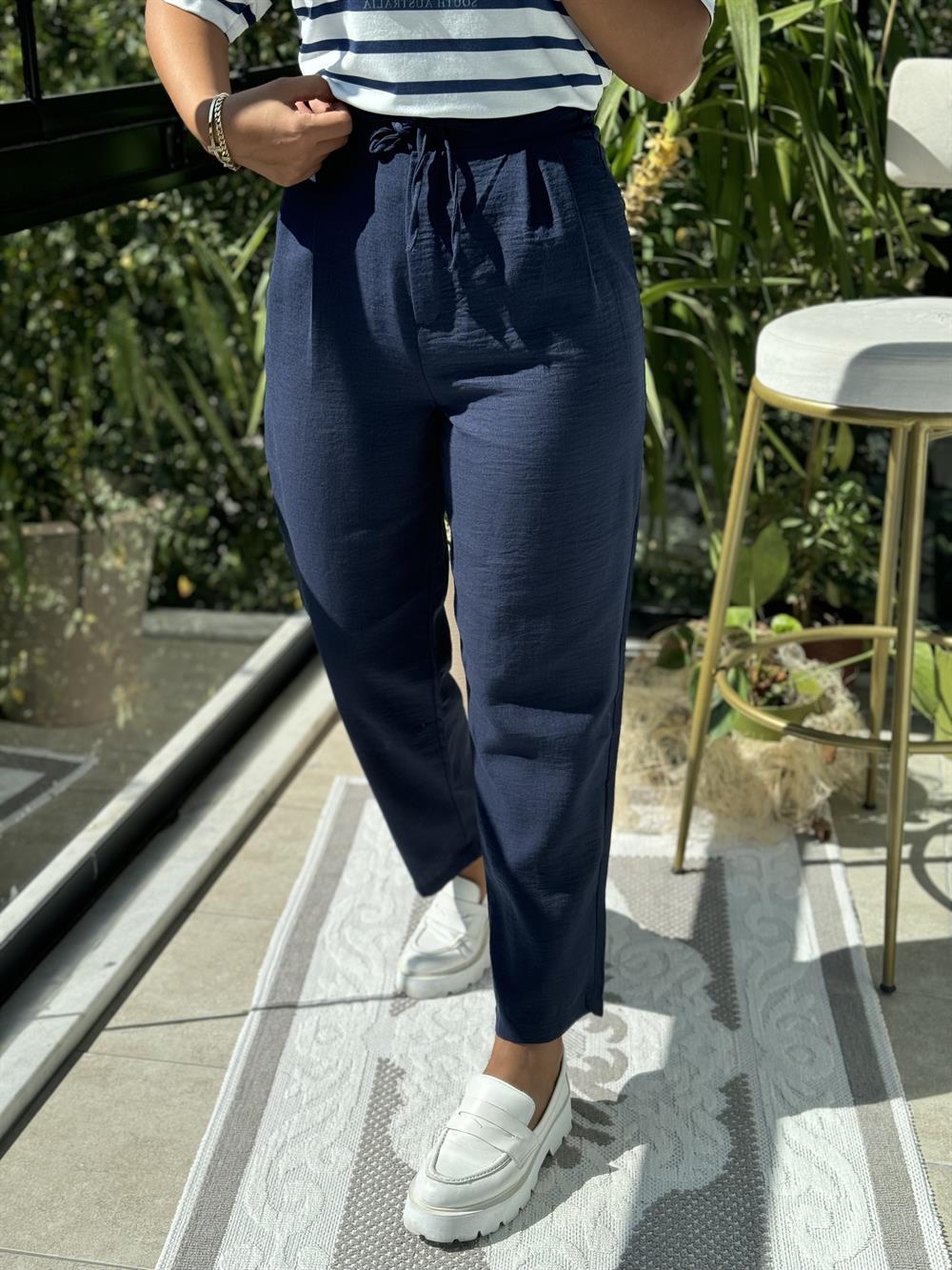 Keten Beli Bağcıklı Pantolon Lacivert