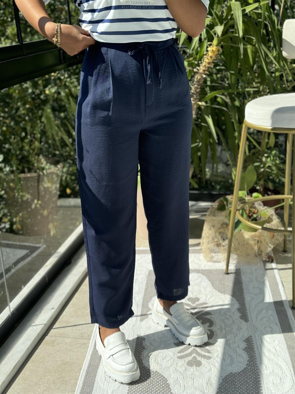 Keten Beli Bağcıklı Pantolon Lacivert