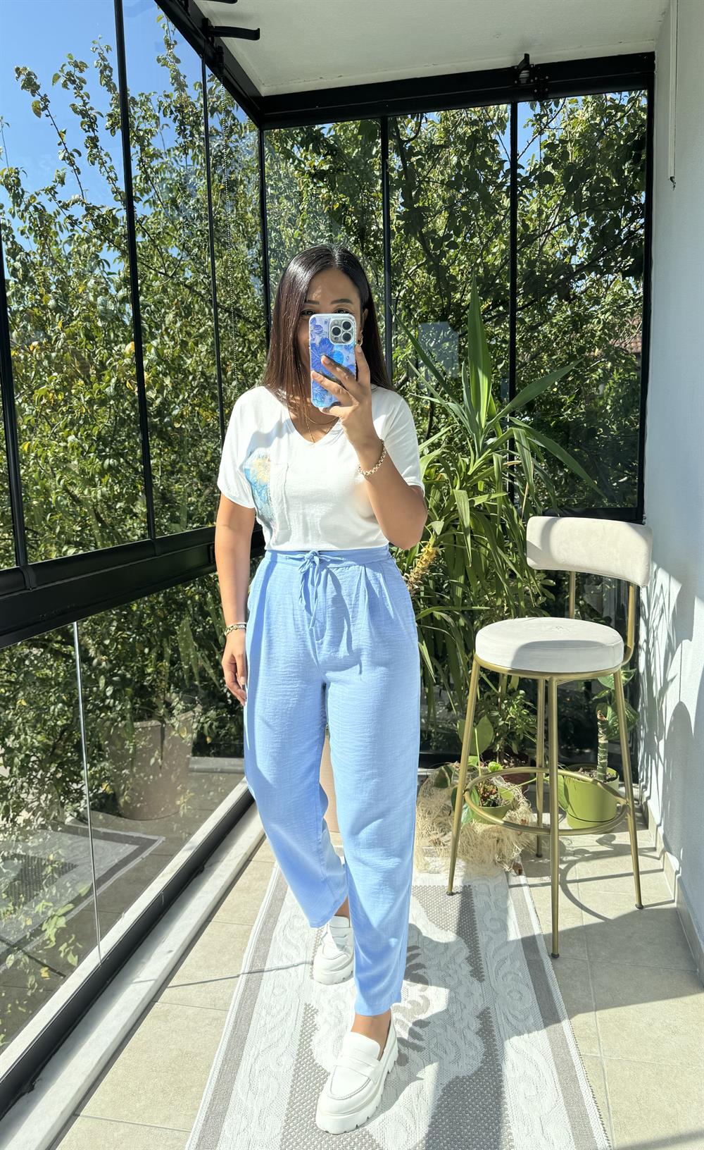 Keten Beli Bağcıklı Pantolon Mavi