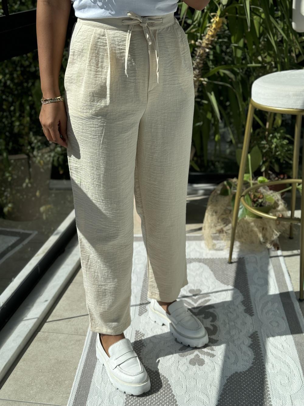 Keten Beli Bağcıklı Pantolon Taş