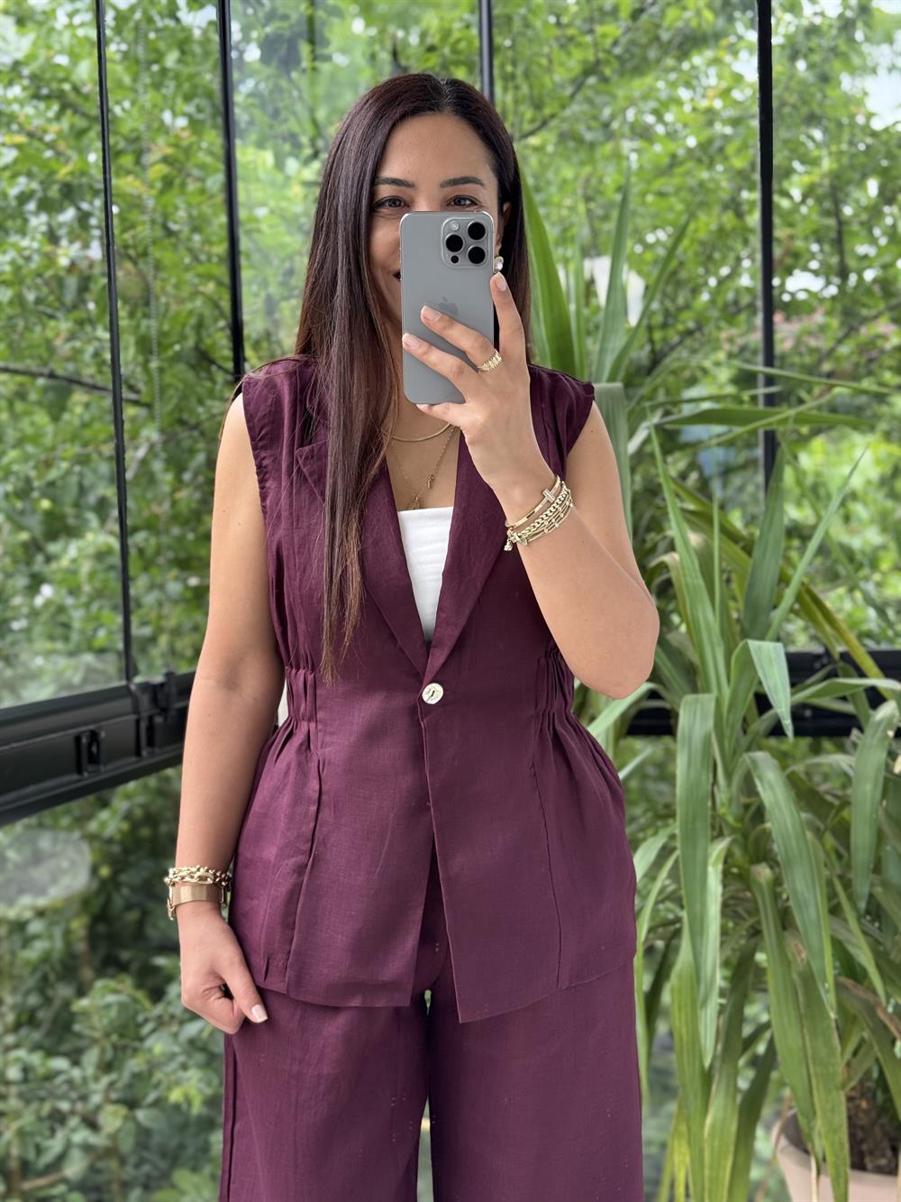 Keten Büzgülü Yelek Bordo