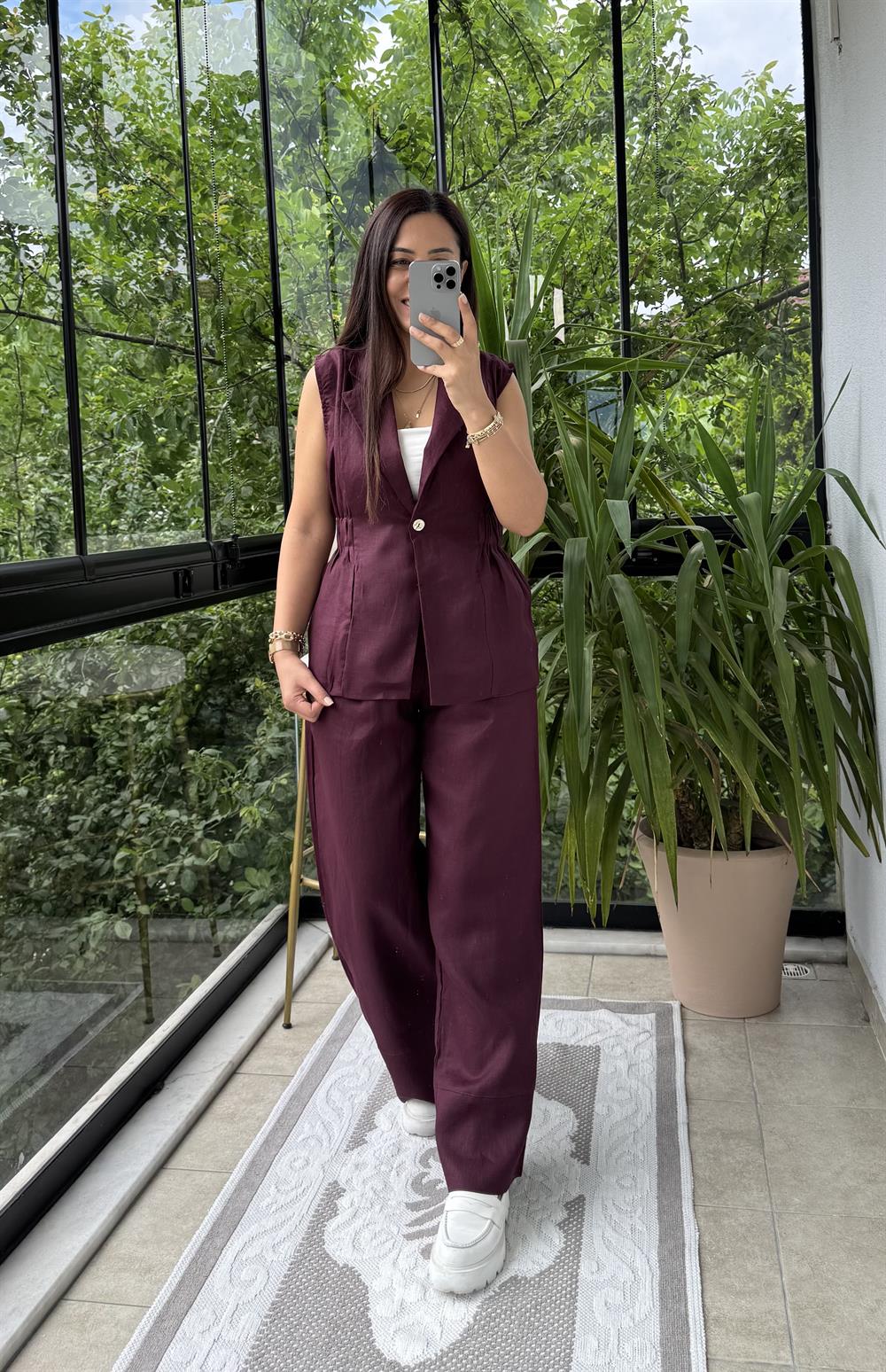 Keten Büzgülü Yelek Bordo