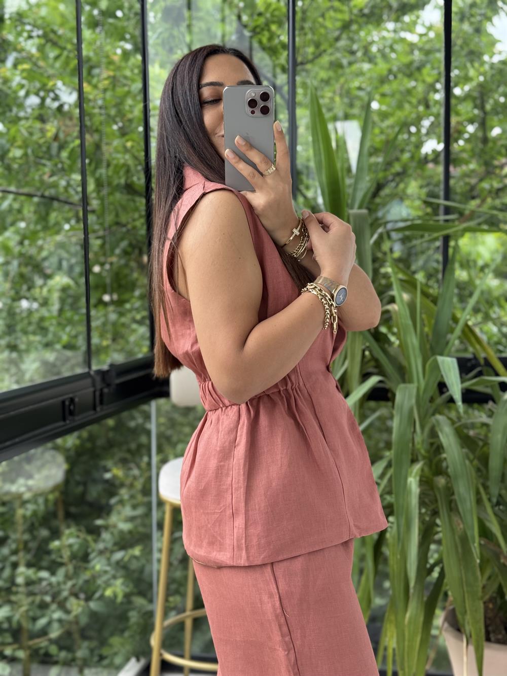 Keten Büzgülü Yelek Kiremit