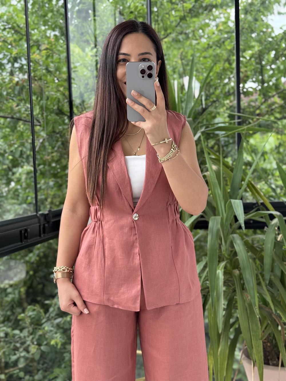 Keten Büzgülü Yelek Kiremit