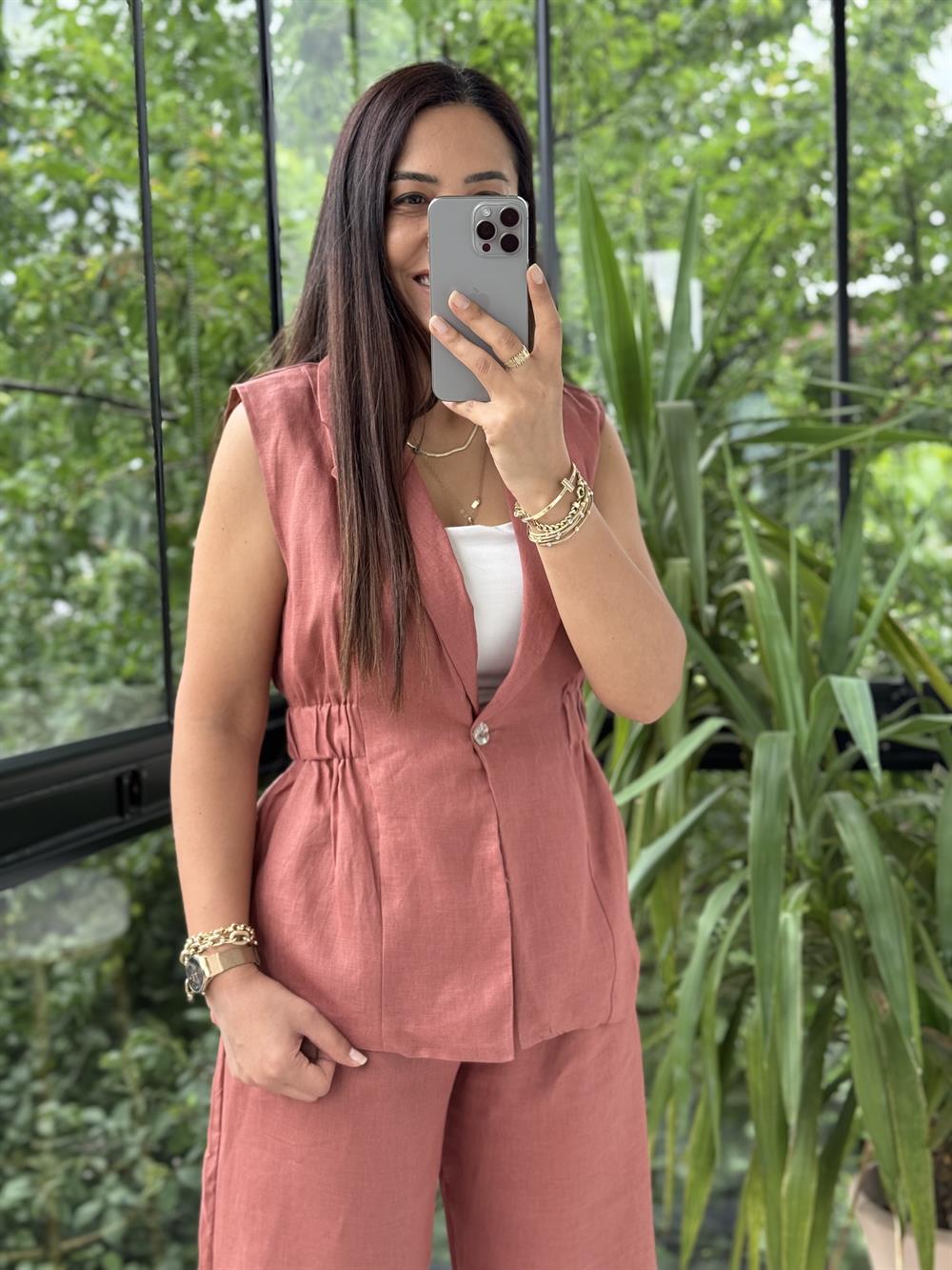 Keten Büzgülü Yelek Kiremit