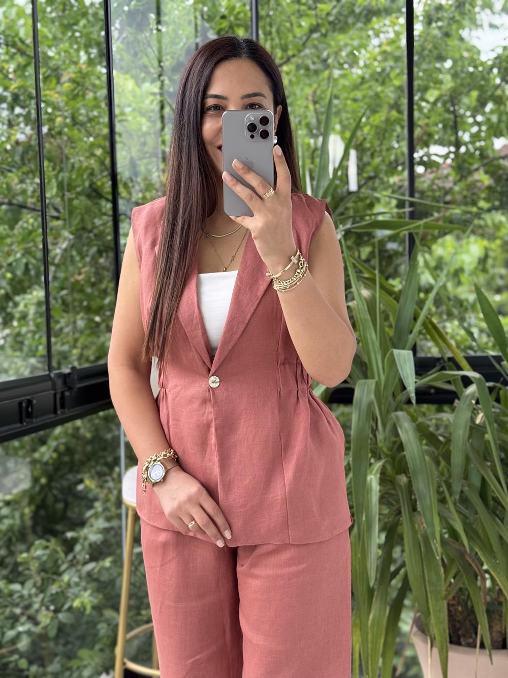 Keten Büzgülü Yelek Kiremit