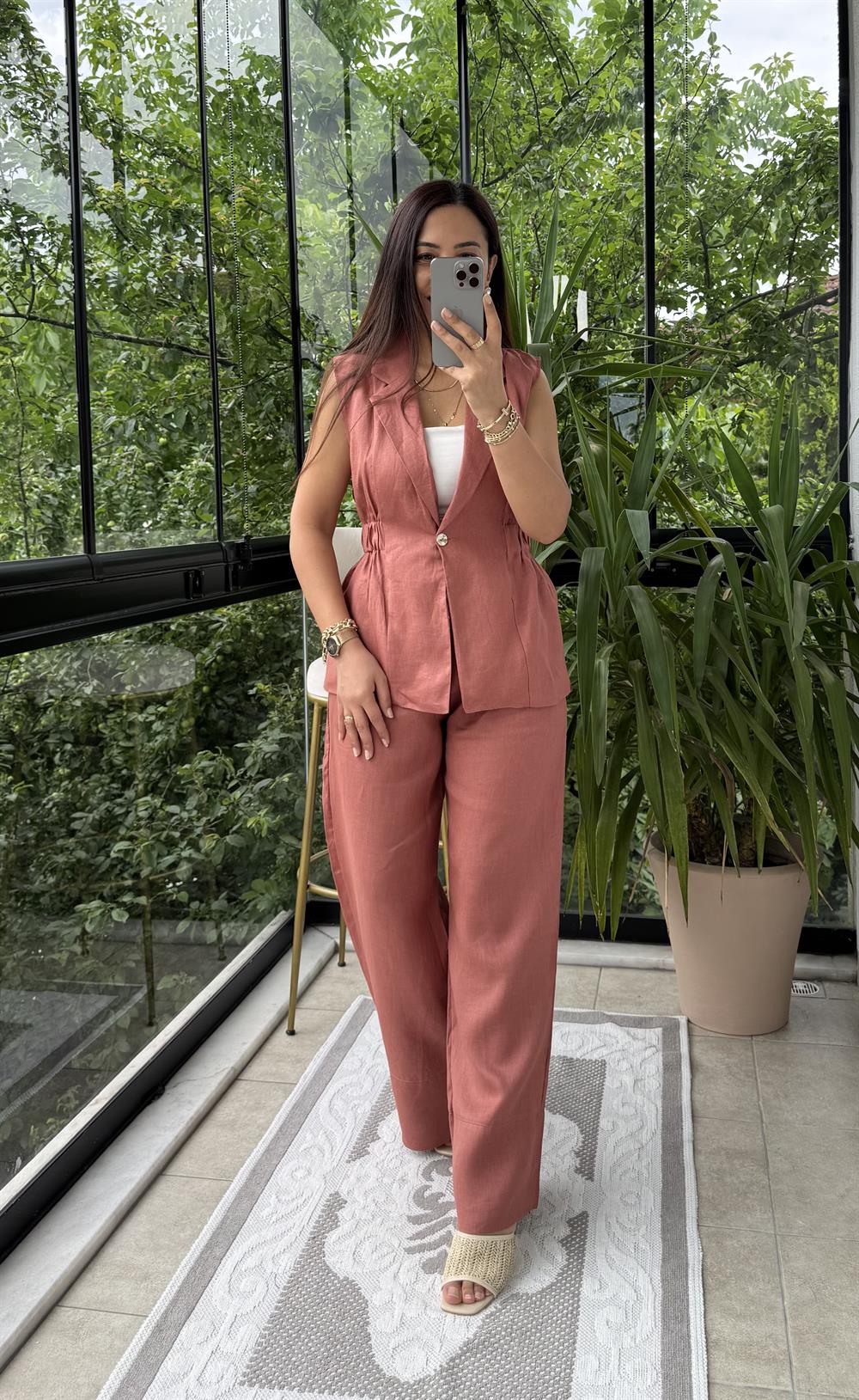 Keten Büzgülü Yelek Kiremit