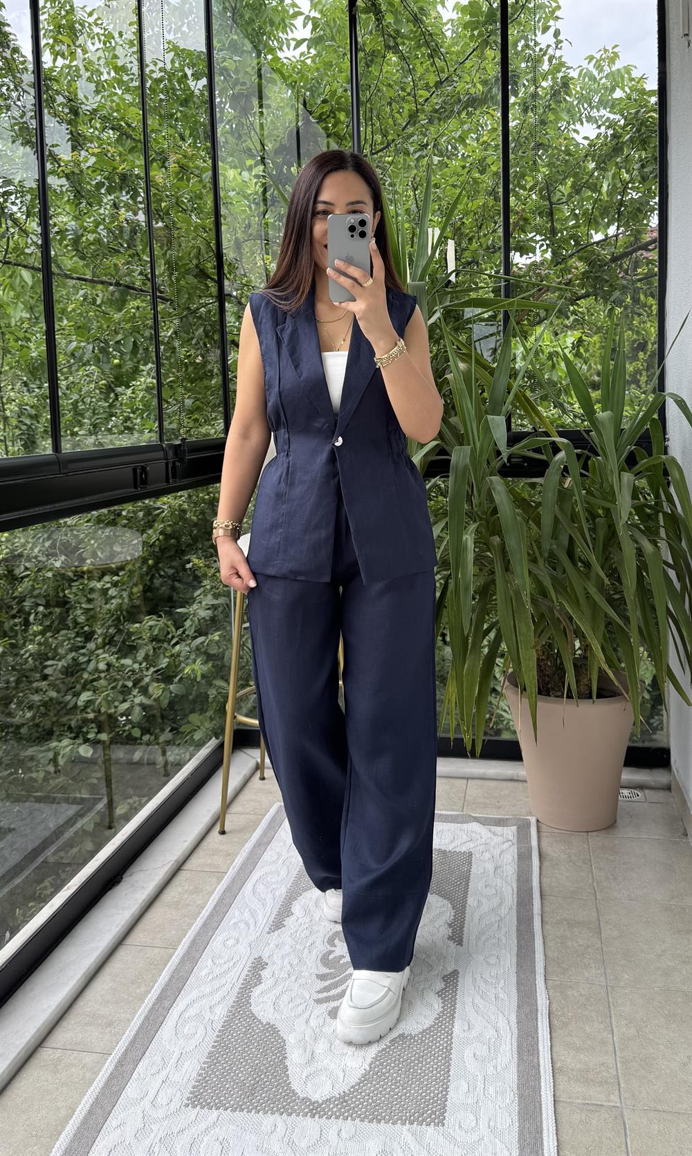 Keten Büzgülü Yelek Lacivert