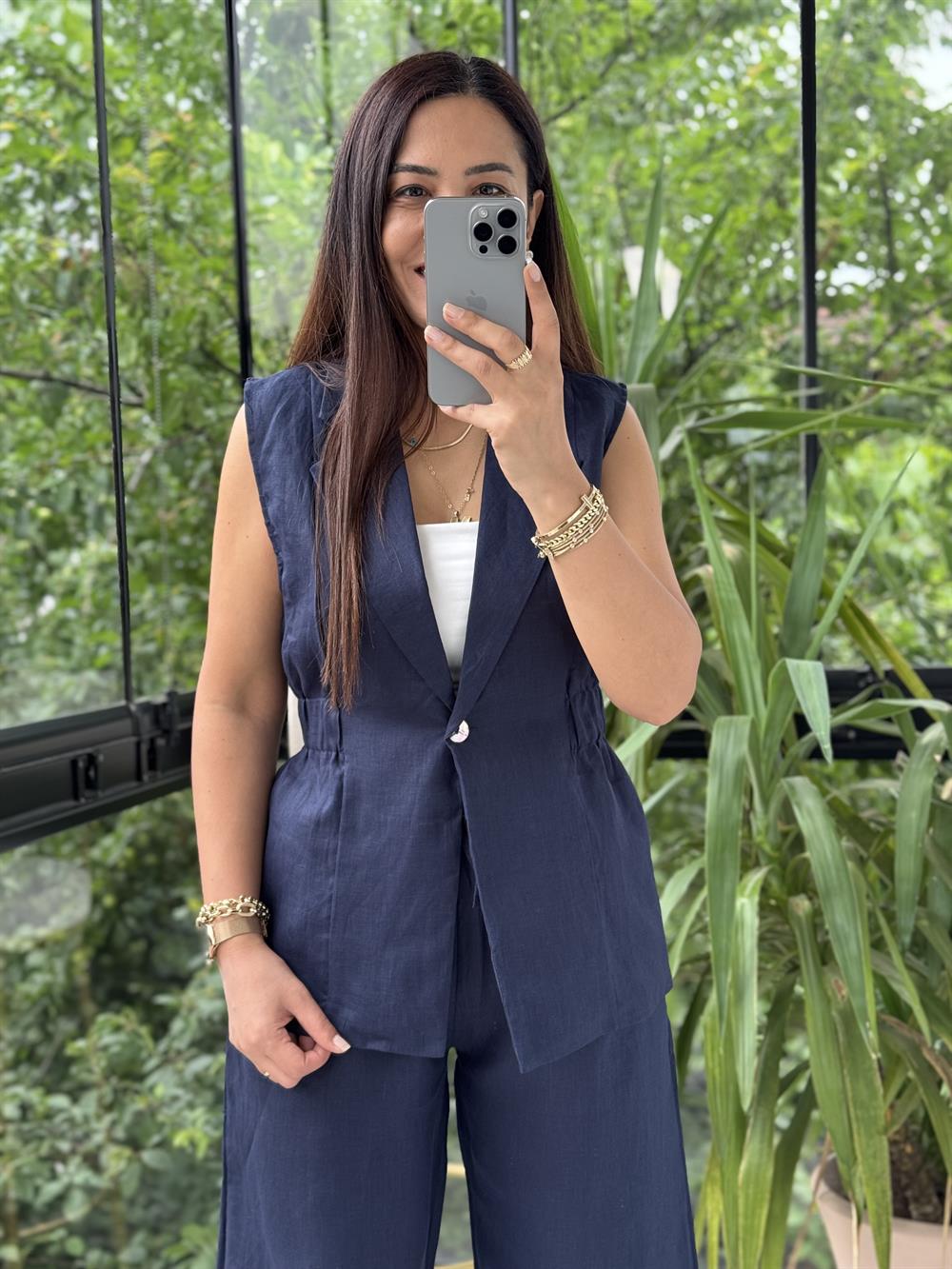 Keten Büzgülü Yelek Lacivert