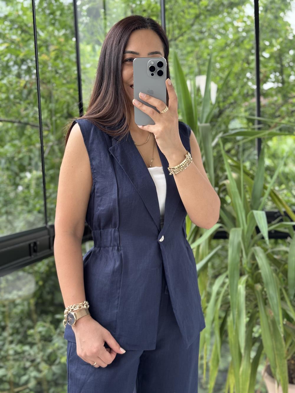 Keten Büzgülü Yelek Lacivert