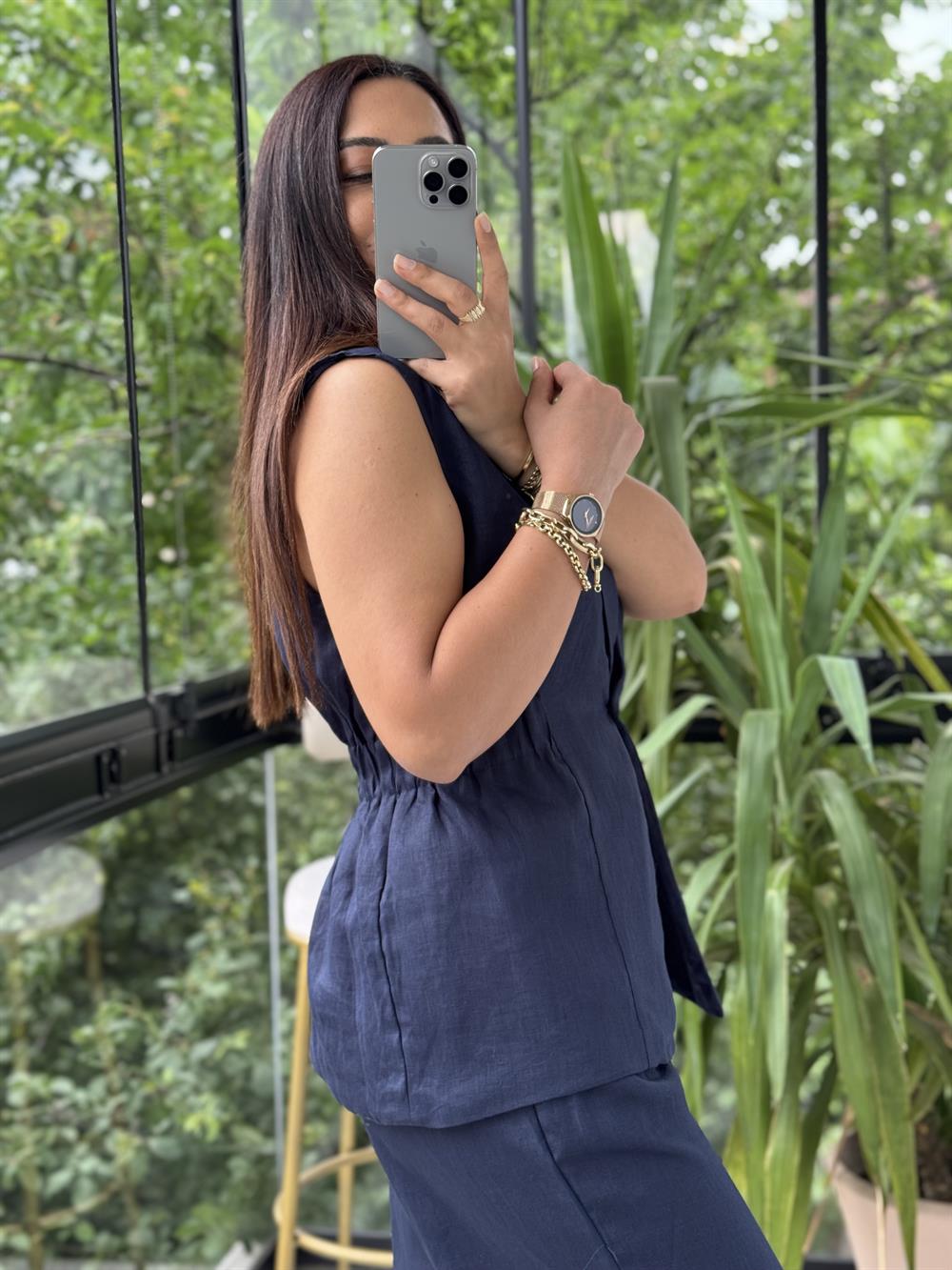 Keten Büzgülü Yelek Lacivert