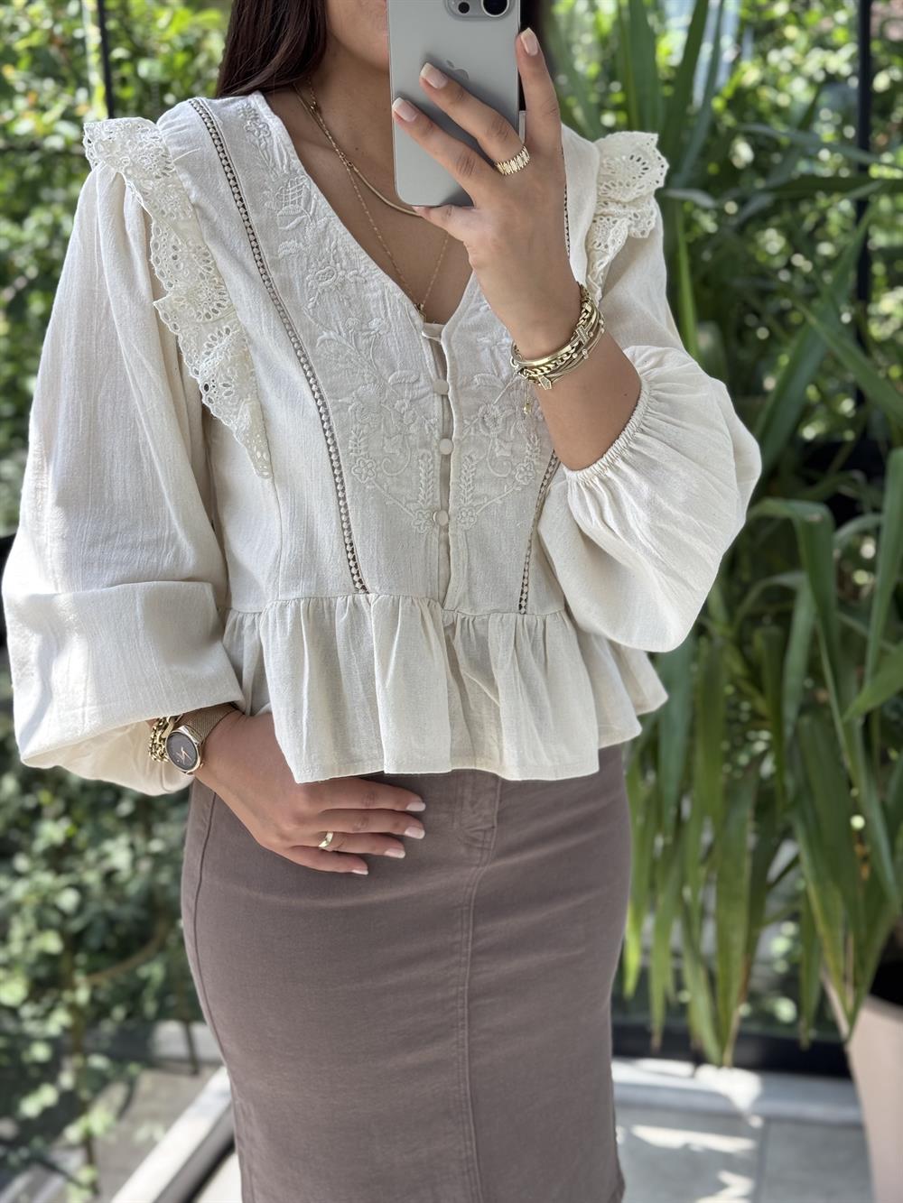 Keten Fırfırlı Bluz Bej